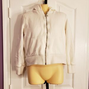 Forever 21 F21 White Faux Fur Zip Up Hoodie Large Shaggy Teddy Crop Jacket L